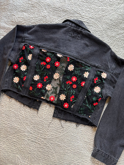 Black Denim Red Floral Jacket [0X]