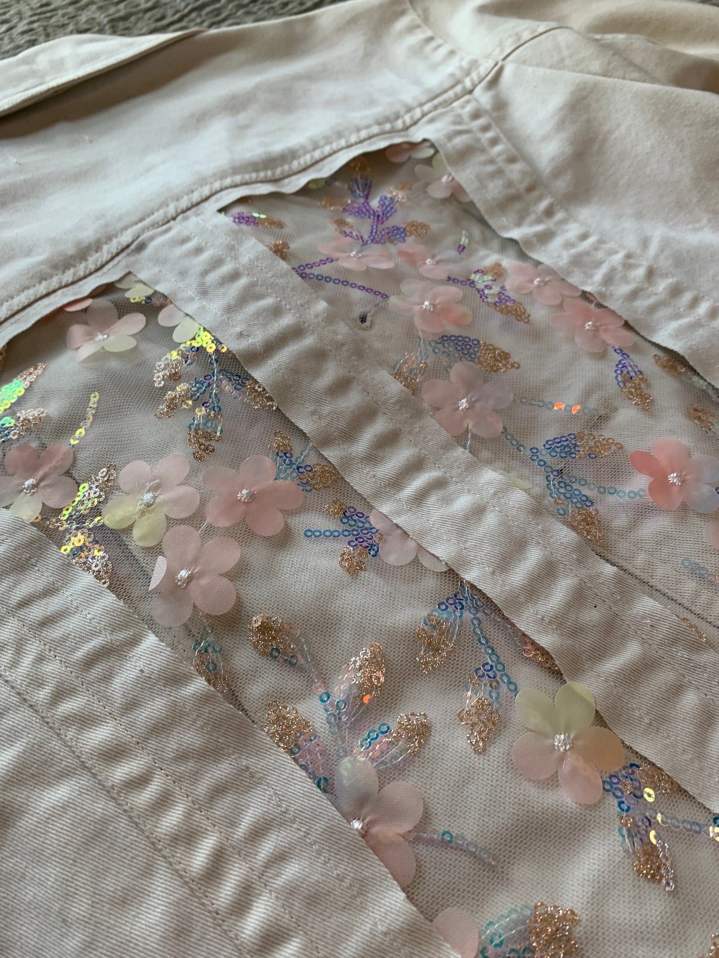 Cream Denim Pink Wildflowers Jacket   [XL]