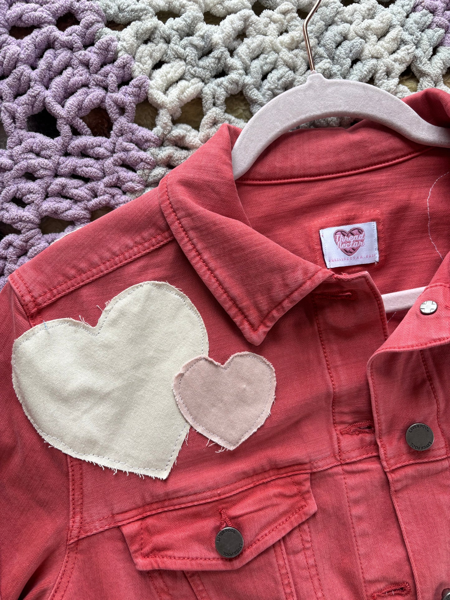 Dark Pink Denim Frayed Hearts Jacket [XL]