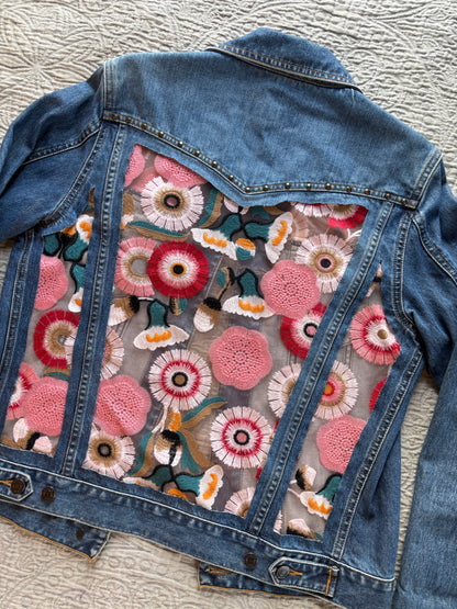 Denim Studs Pink Floral Jacket [L]