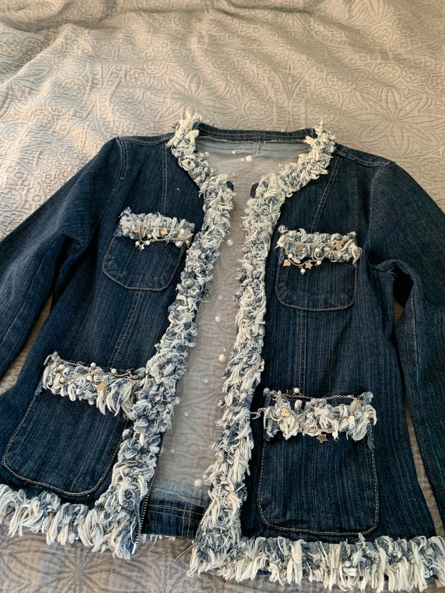 Denim Fray Trimmed Pearls and Charms [L]