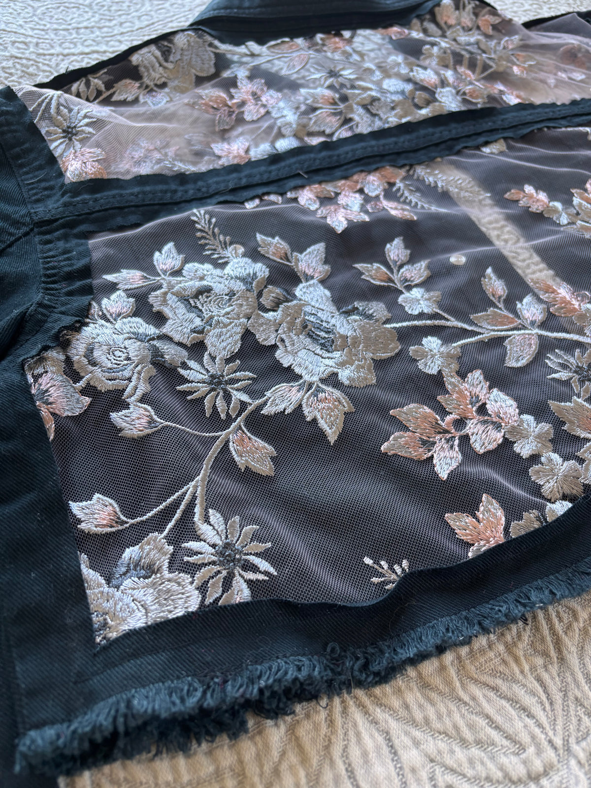 Black Denim Silver Floral Cropped Jacket [2X]