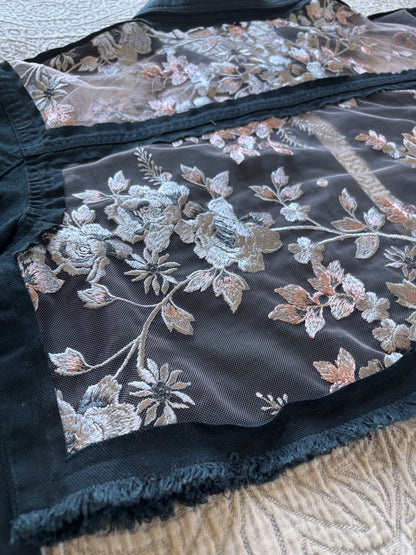 Black Denim Silver Floral Cropped Jacket [2X]