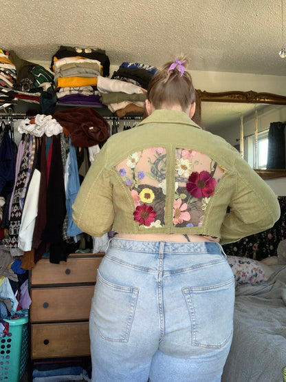 Cropped Green Denim Appliqué Wildflowers [XL]