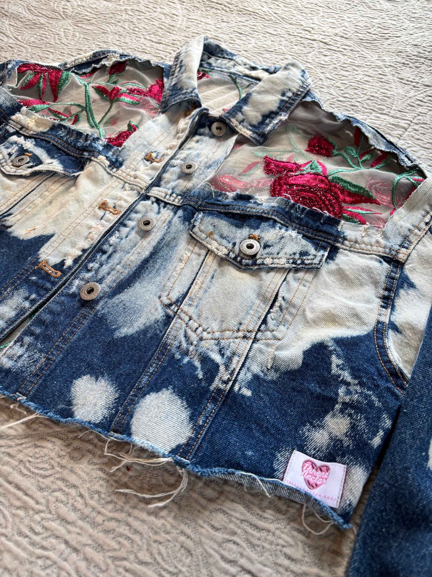 Cropped Acid Wash Denim Roses Jacket [1X]