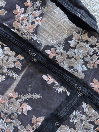 Black Bows and Silver Floral Denim Cropped Jacket [XL]