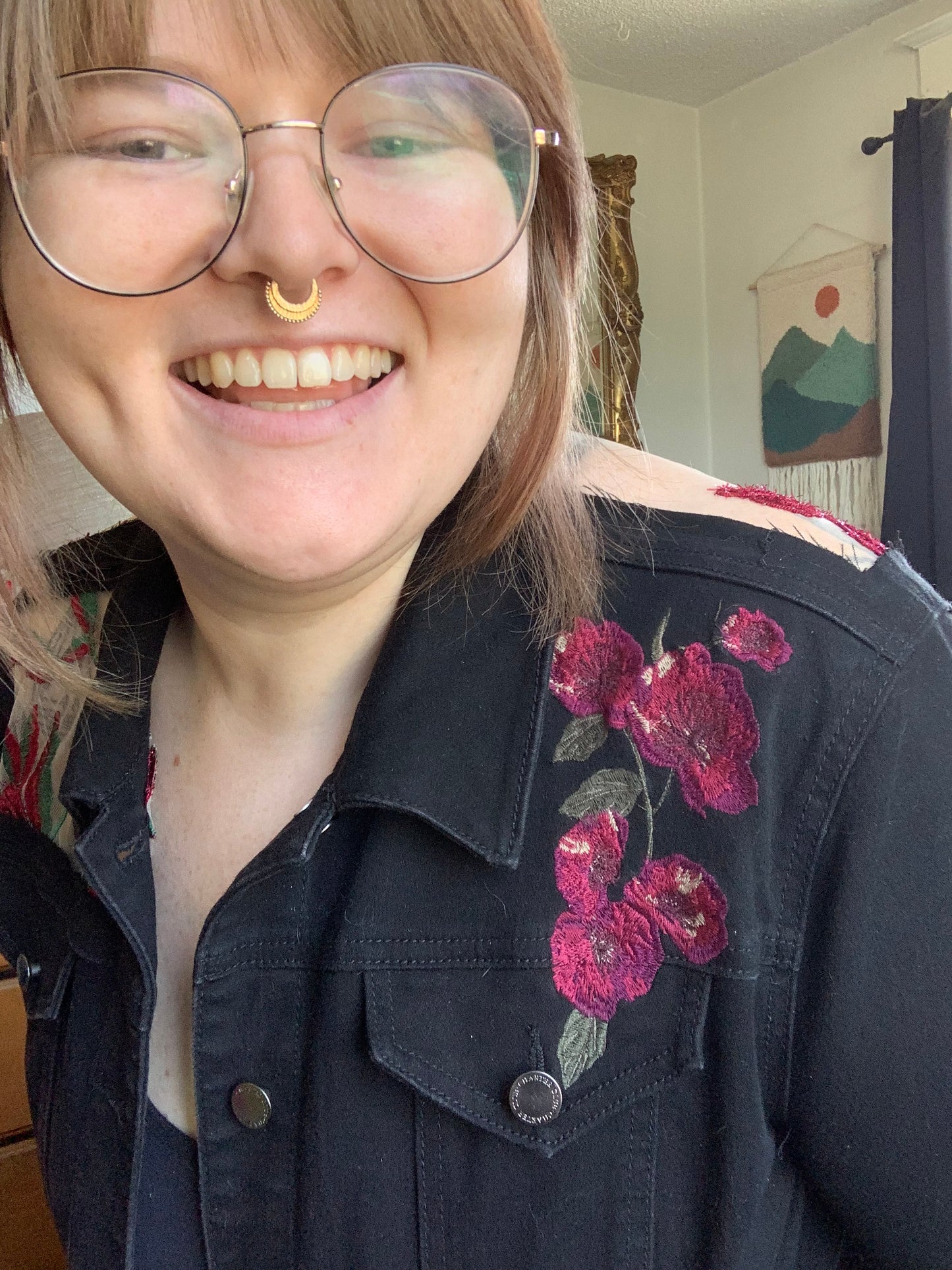 Embroidered Black Denim Roses Jacket [1X]