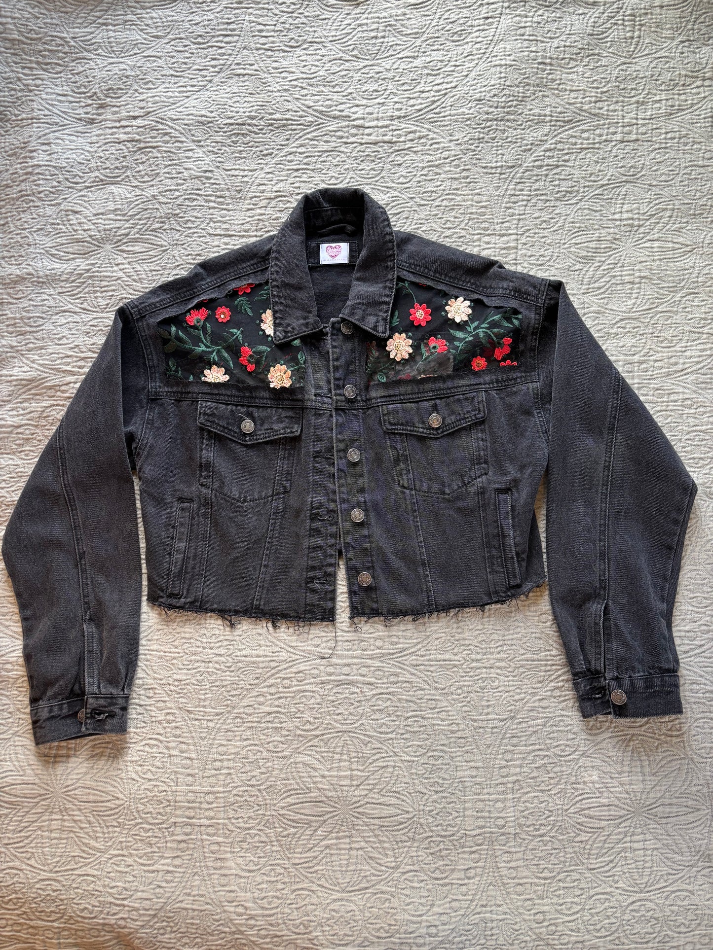 Black Denim Red Floral Jacket [0X]