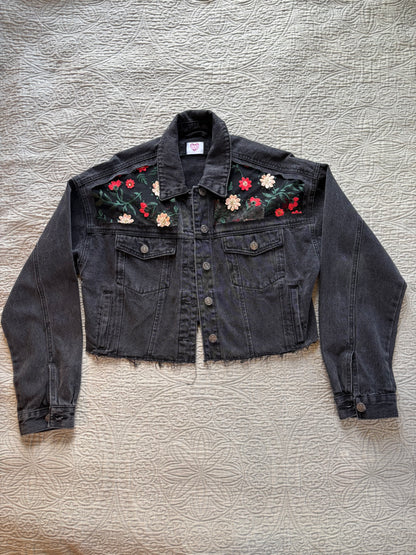 Black Denim Red Floral Jacket [0X]