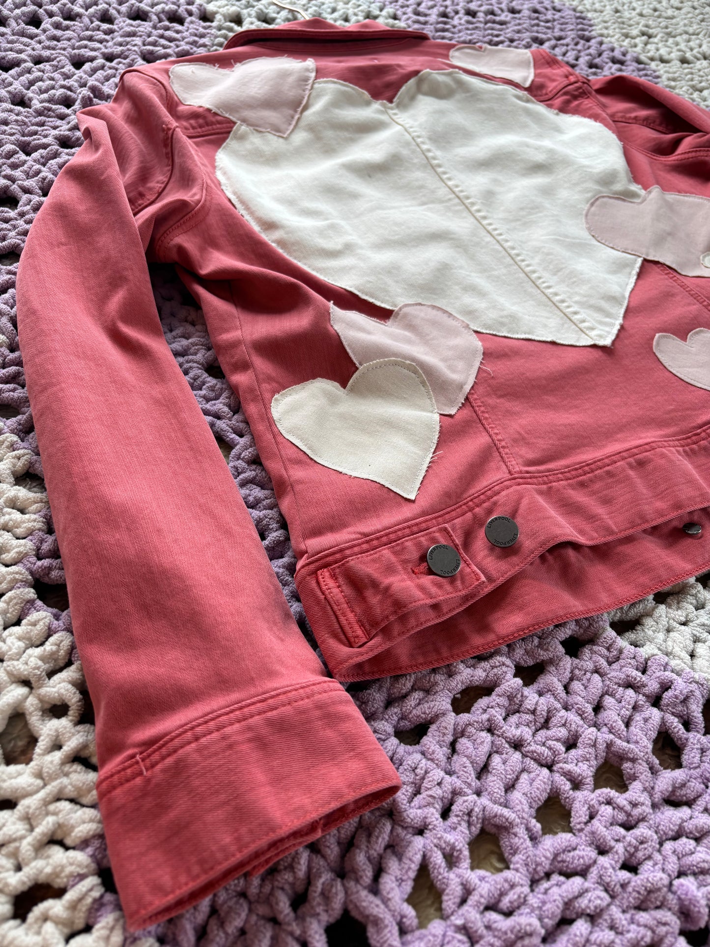 Dark Pink Denim Frayed Hearts Jacket [XL]