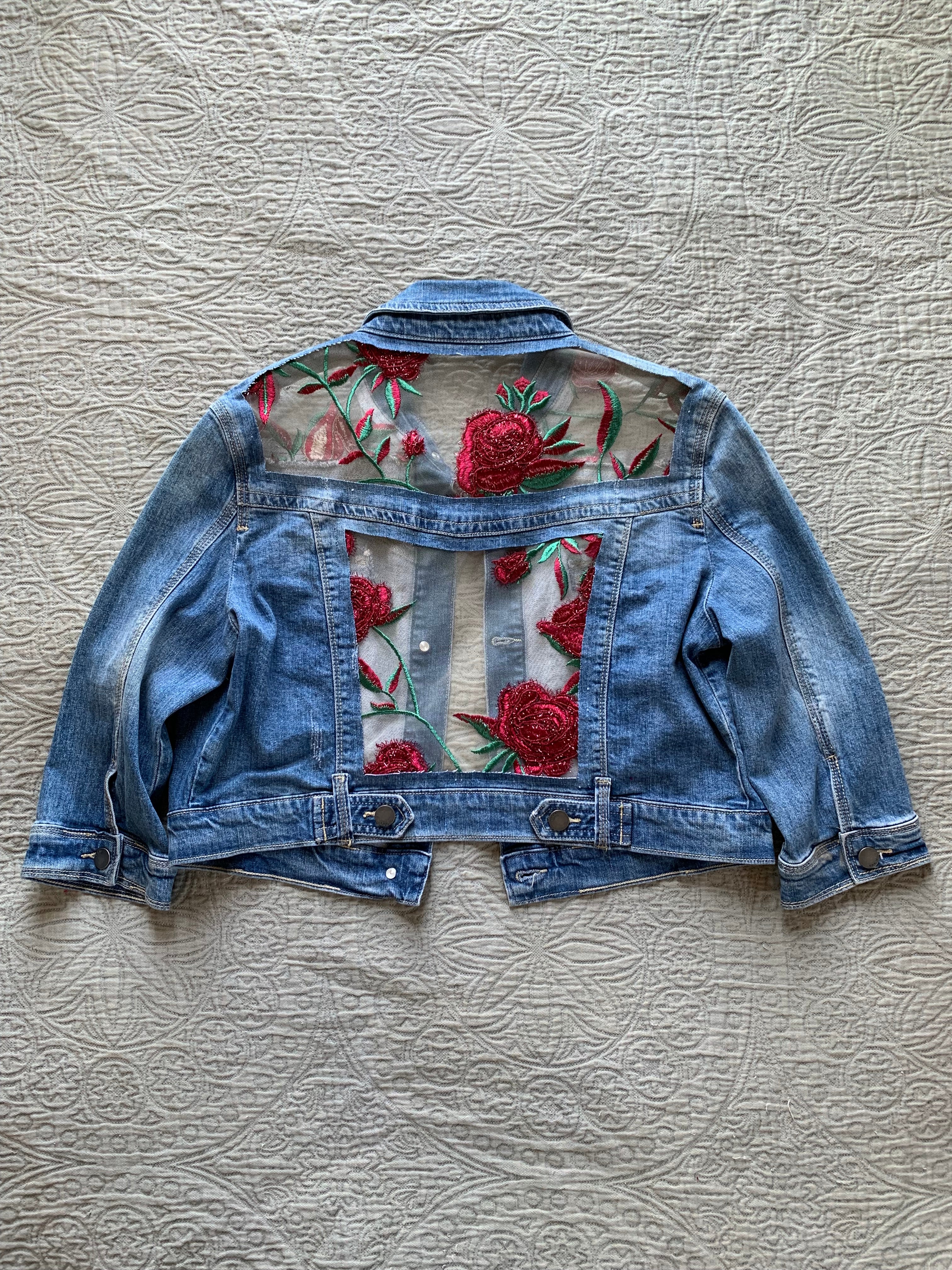 Cropped Denim Roses Jacket L