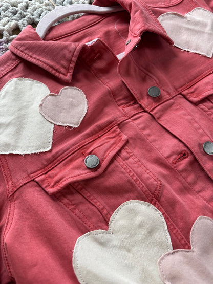 Dark Pink Denim Frayed Hearts Jacket [XL]