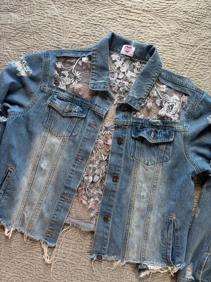 Cropped Distressed Denim Silver Floral Jacket [0X]