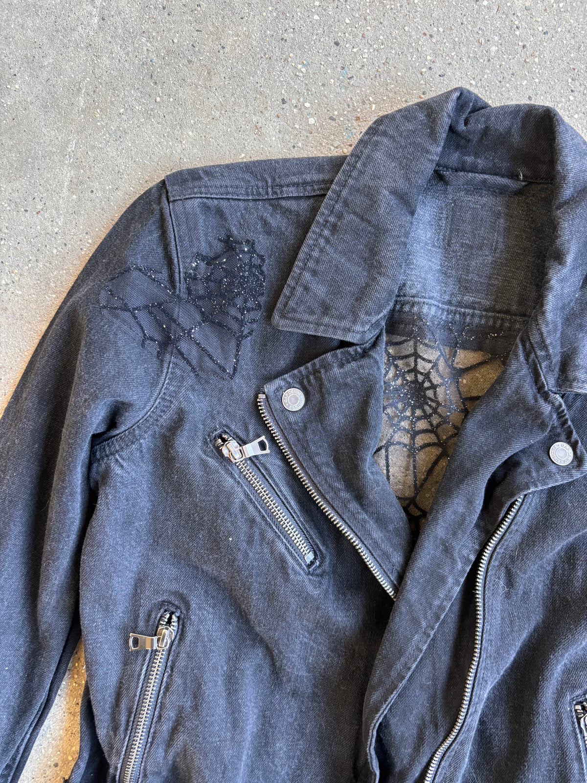 Black Denim Spider Webs Belted Jacket [S]