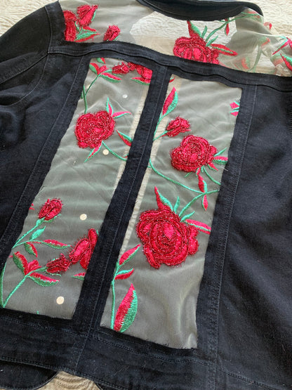 Embroidered Black Denim Roses Jacket [1X]