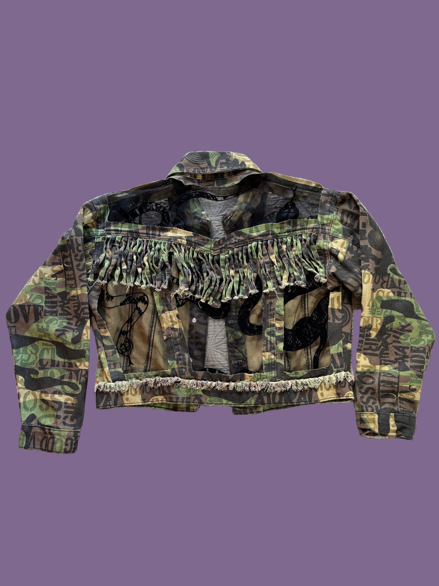 Camo Denim Fringe Snakes Jacket [L]