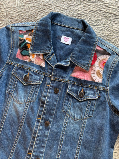 Denim Studs Pink Floral Jacket [L]