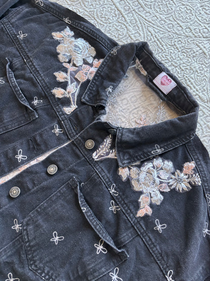 Black Bows and Silver Floral Denim Cropped Jacket [XL]