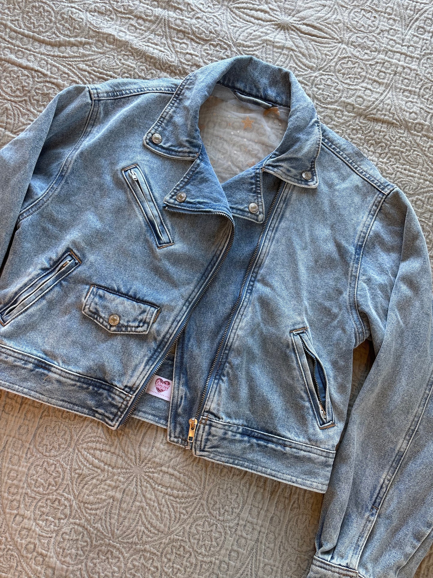 Gold Stars Light Wash Denim Bomber Jacket [XL]