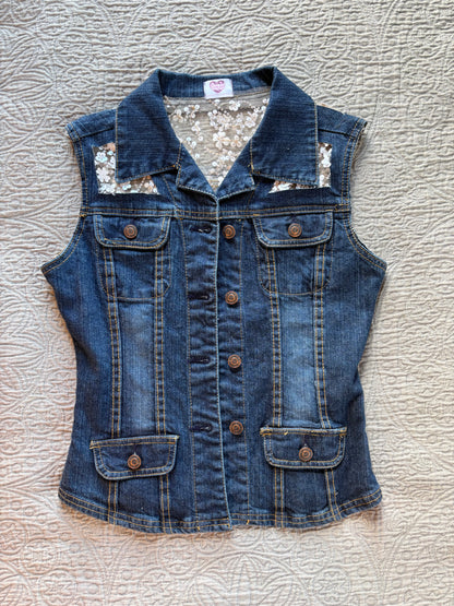 Denim White Floral Vest [S]