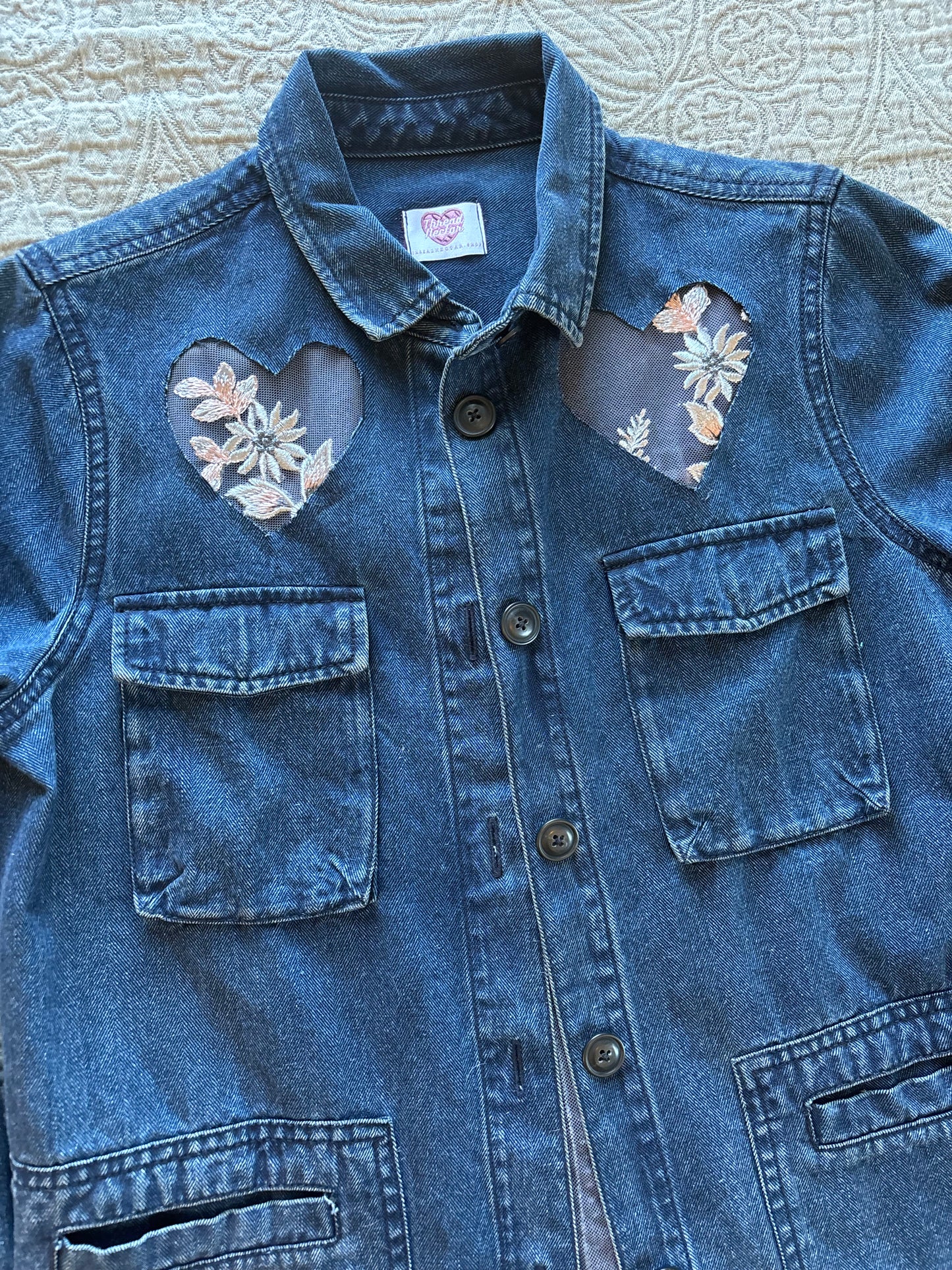 Silver Floral Dark-Wash Denim Jacket [L]