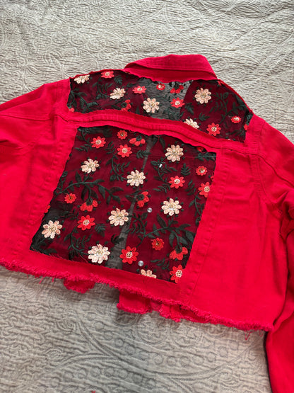 Cropped Red Denim Red Floral Jacket [1X]