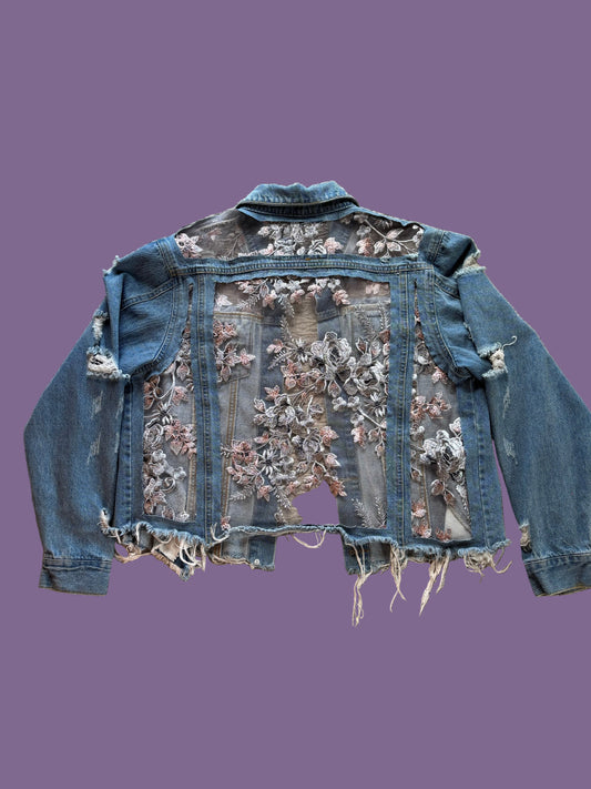 Cropped Distressed Denim Silver Floral Jacket [0X]