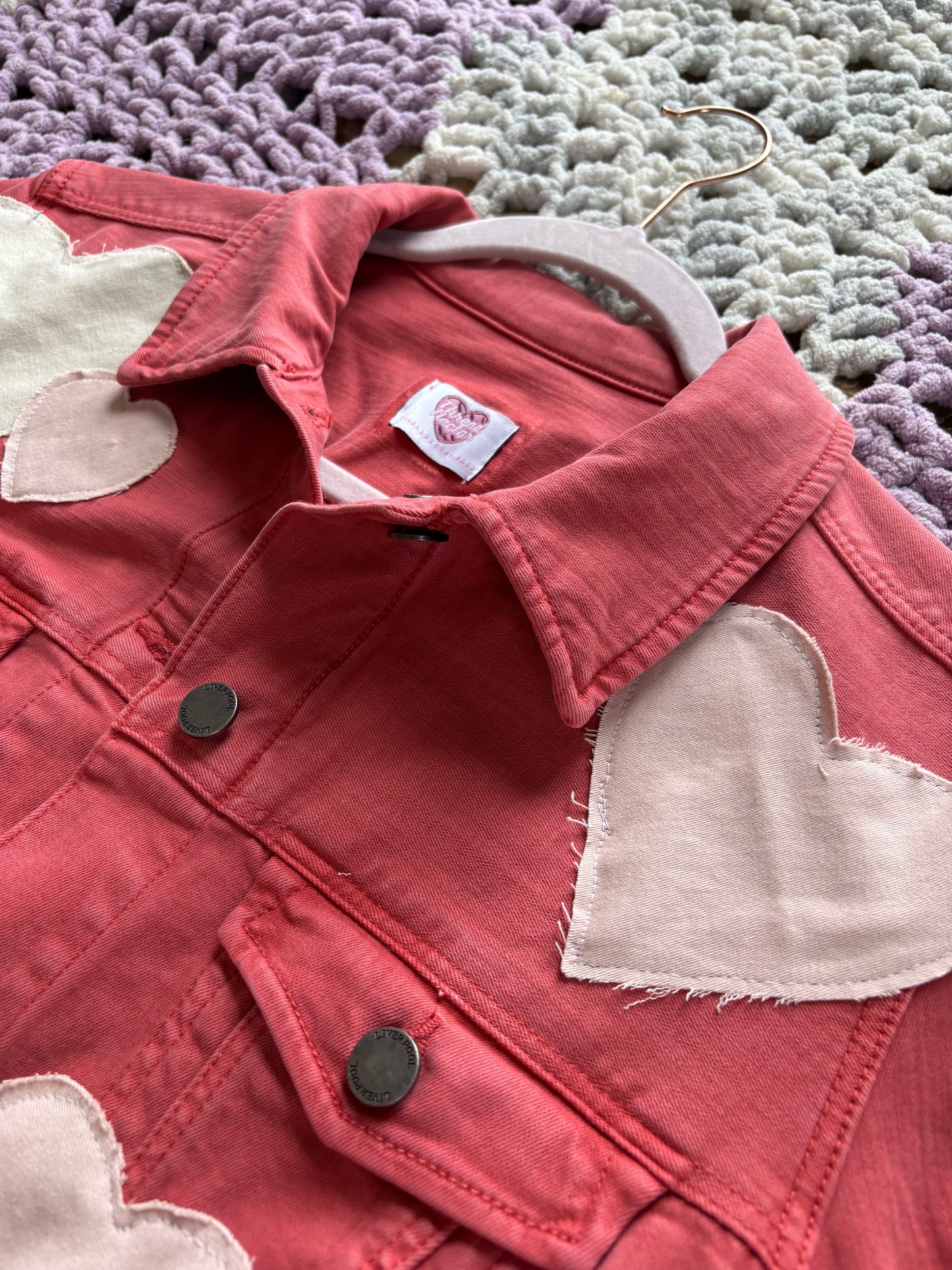 Dark Pink Denim Frayed Hearts Jacket [XL]