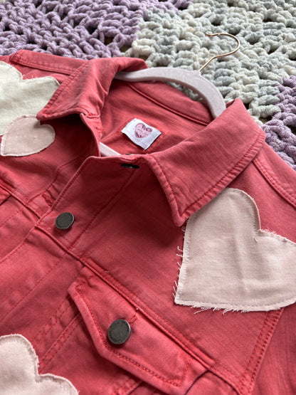 Dark Pink Denim Frayed Hearts Jacket [XL]