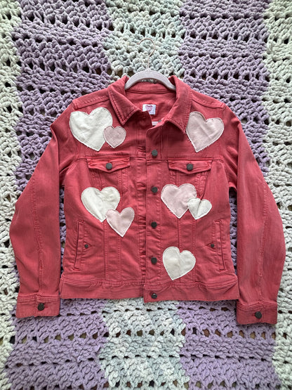 Dark Pink Denim Frayed Hearts Jacket [XL]