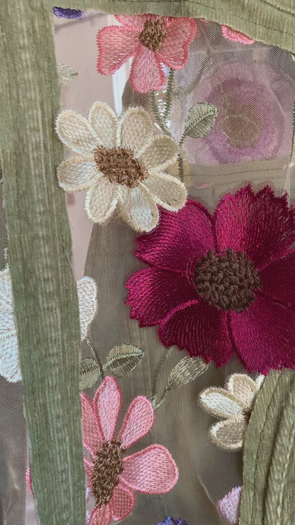 Cropped Green Denim Appliqué Wildflowers [XL]