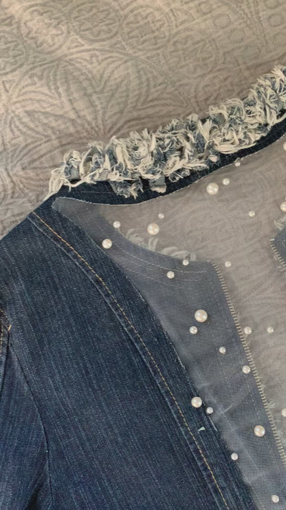 Denim Fray Trimmed Pearls and Charms [L]