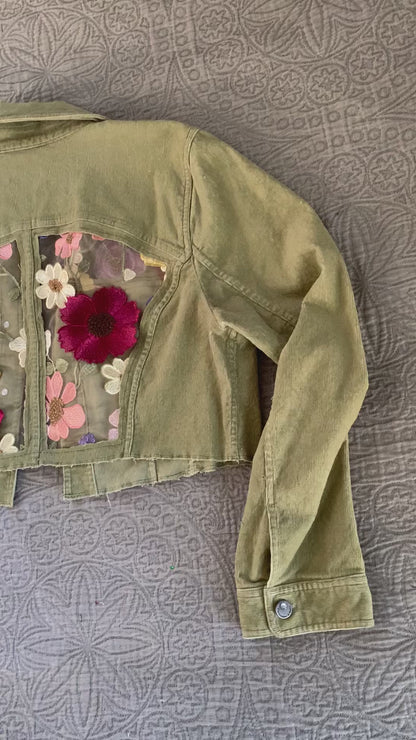 Cropped Green Denim Appliqué Wildflowers [XL]